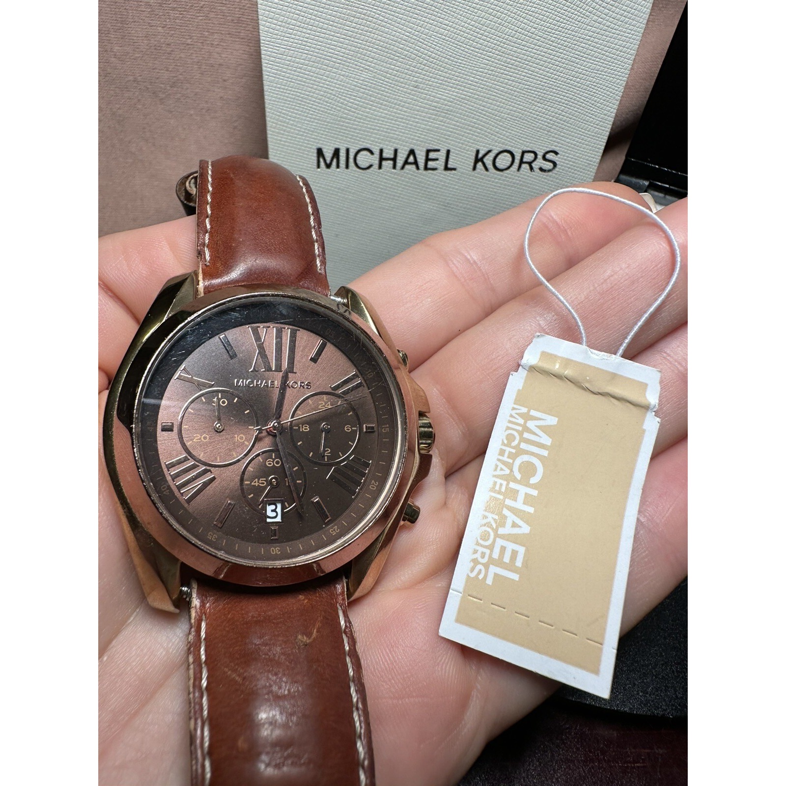 Michael Kors Mk 5630 Chronograph Watch Gold Brown Leather Band 43 Mm Preowned